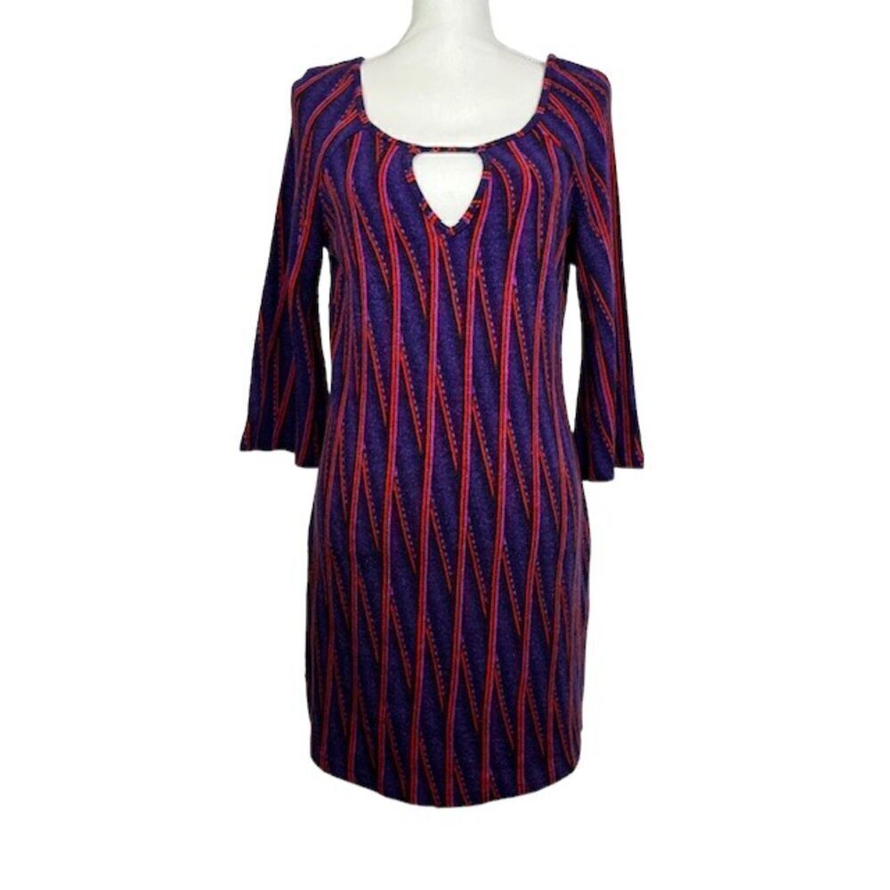 Aryeh Geometric Stripe Bell Sleeve Keyhole Neckline Mini‎ Dress Purple Small